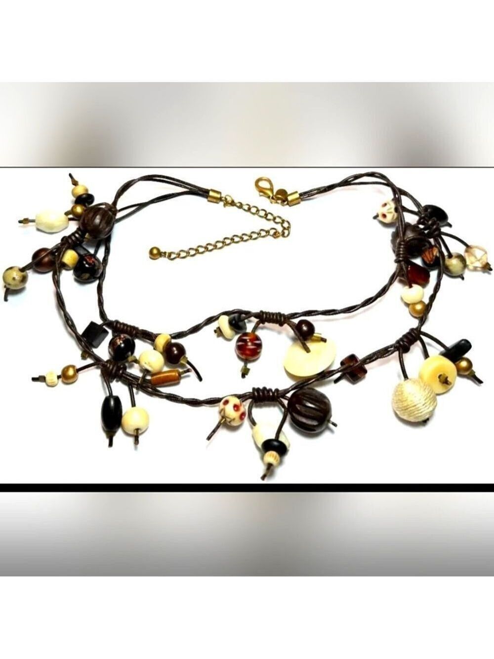 Vintage Necklace Signed Chico's Brown Bead Tribal Carved Double Strand 12"-15"